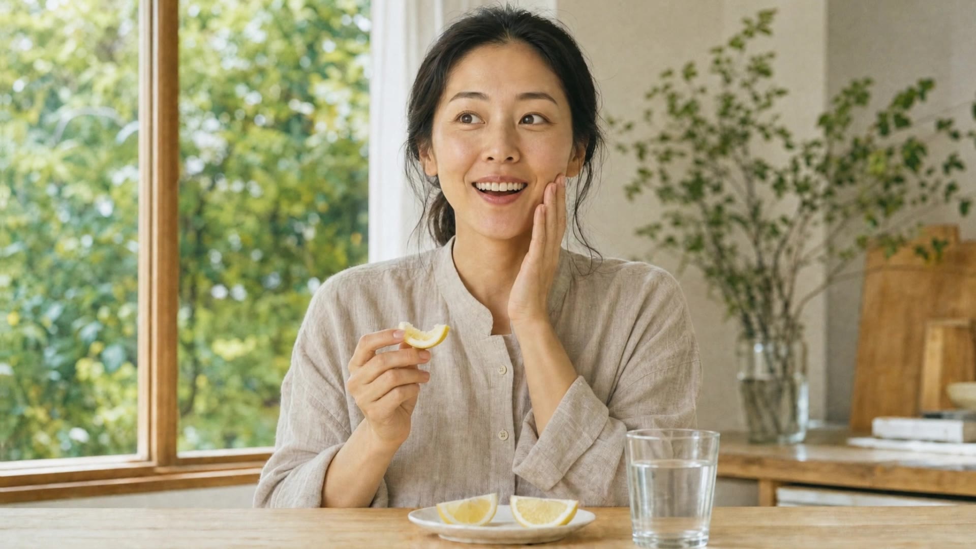 あまさに驚いて笑顔になる女性